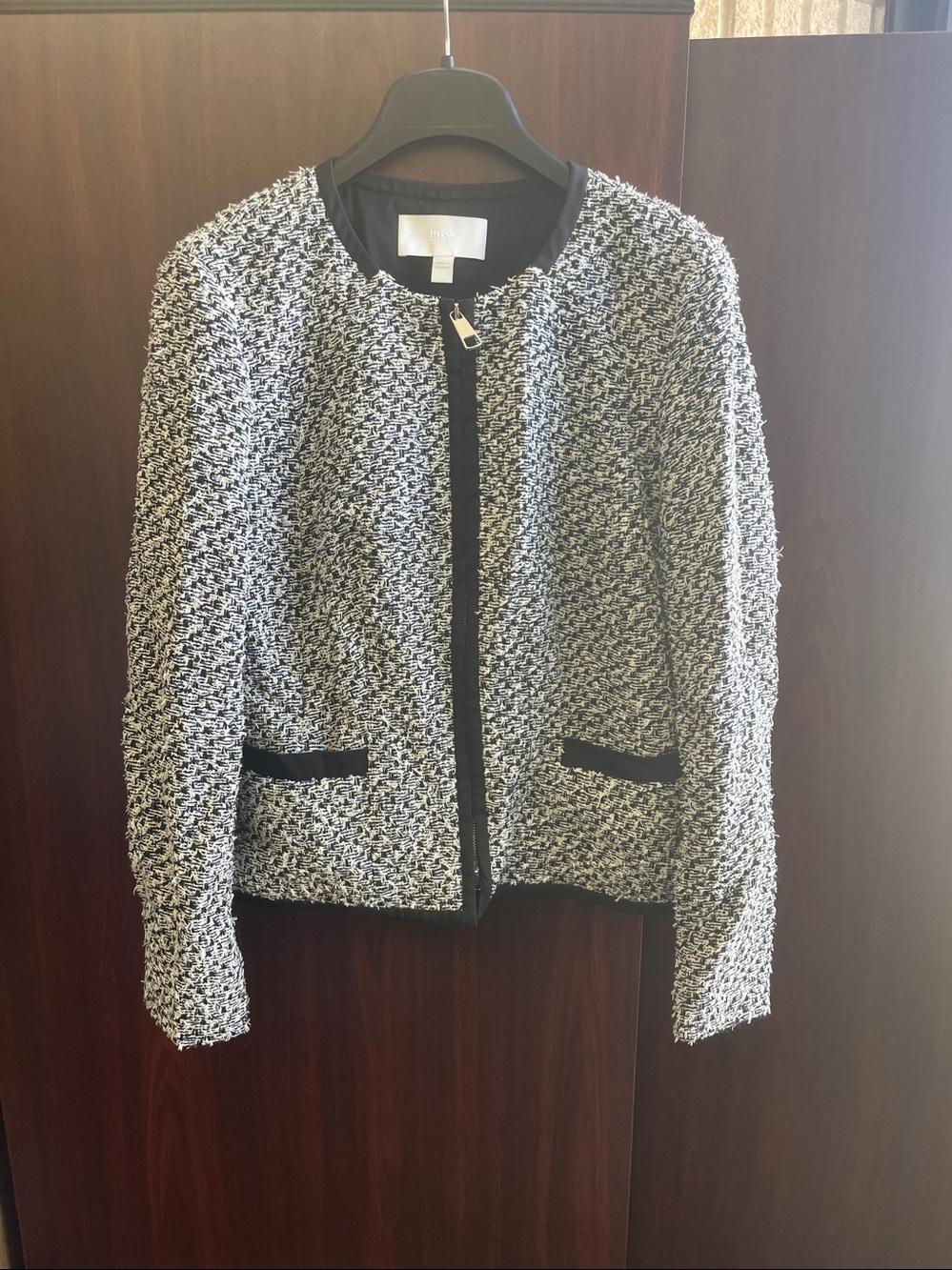 BOSS Hugo Boss Womens Black White Woven Tweed Suit Jacket Cotton Blend- Size 8